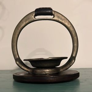 Vintage metal table top ashtray with leather handle